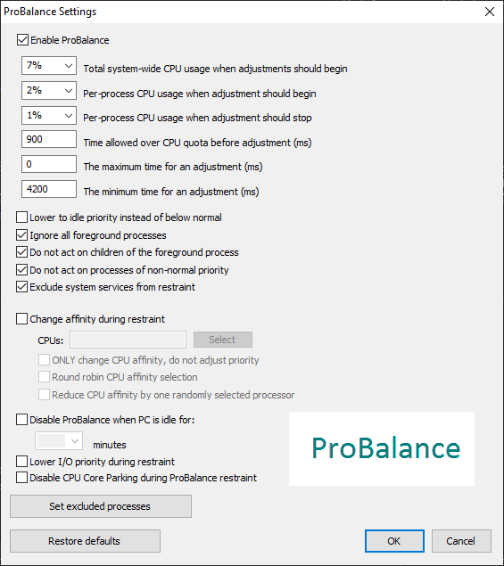 ProBalance settings panel with CPU thresholds and exclusion lists