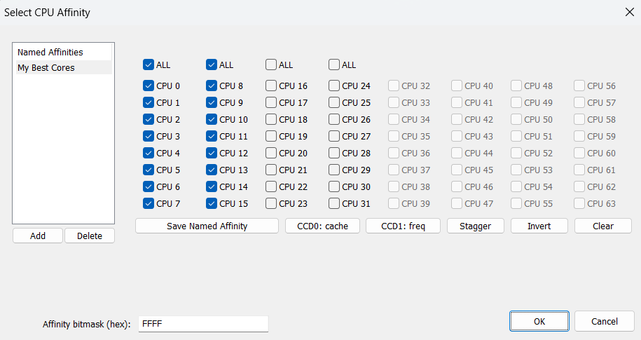 CPU affinity configuration dialog with core checkboxes